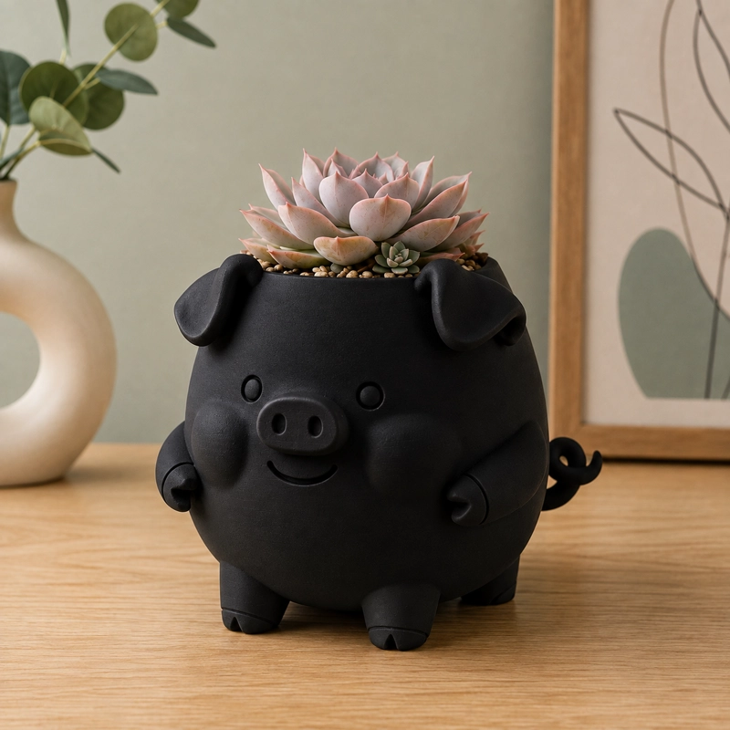 MACETERO DECORATIVO HOGAR- FORMA CERDITO 13 CM NEGRO - 5