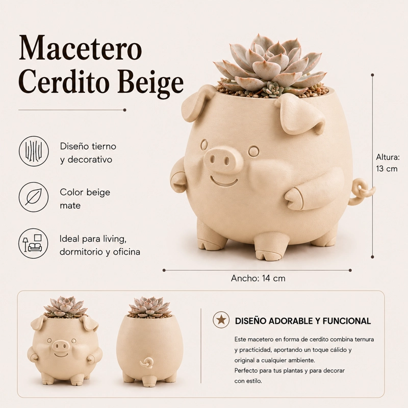 MACETERO DECORATIVO HOGAR- FORMA CERDITO 13 CM BEIGE - 2