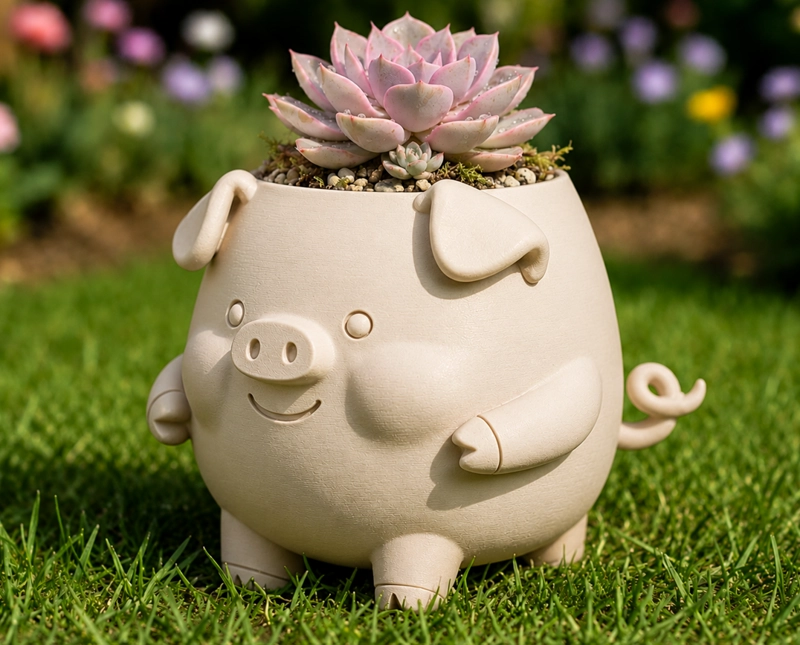 MACETERO DECORATIVO HOGAR- FORMA CERDITO 13 CM BEIGE - 3