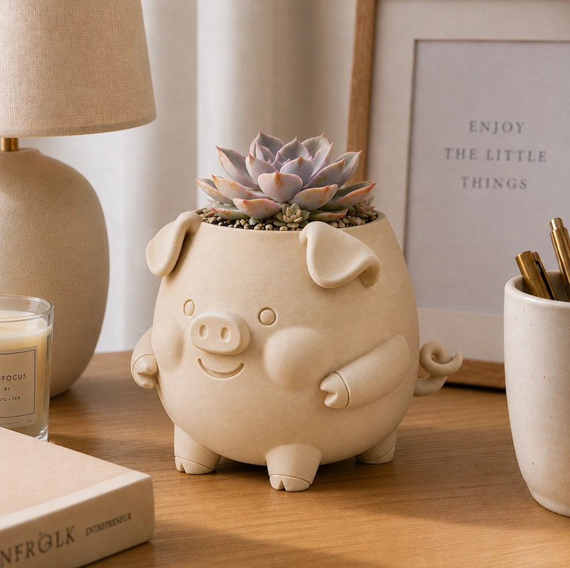 MACETERO DECORATIVO HOGAR- FORMA CERDITO 13 CM BEIGE - 4