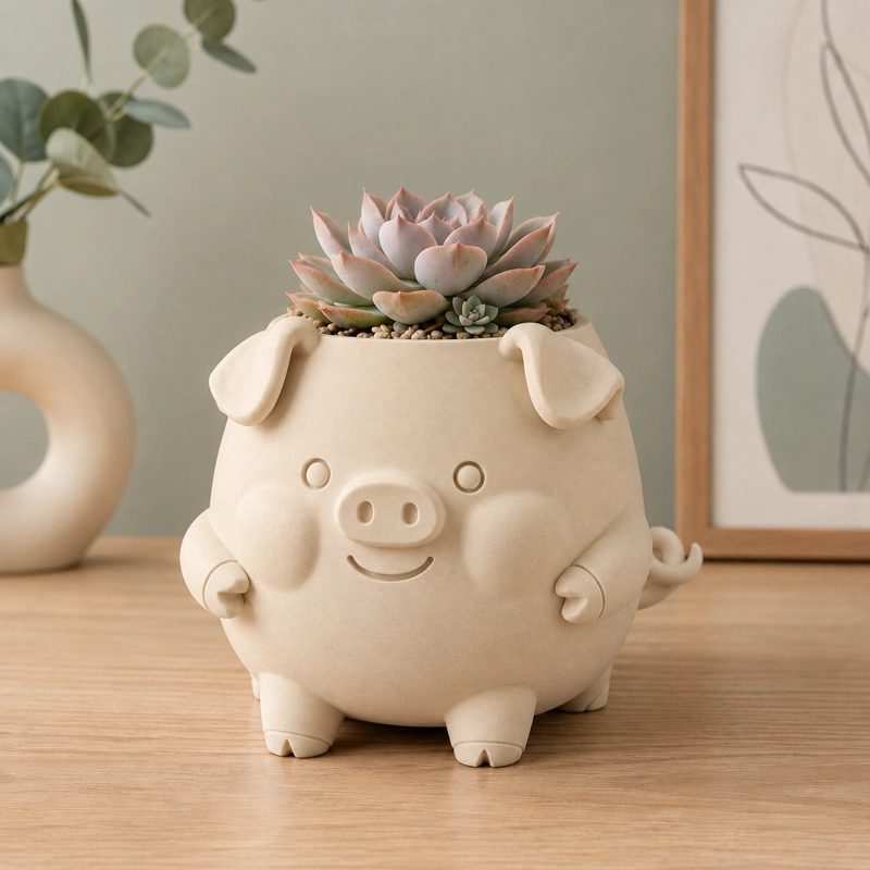 MACETERO DECORATIVO HOGAR- FORMA CERDITO 13 CM BEIGE - 5