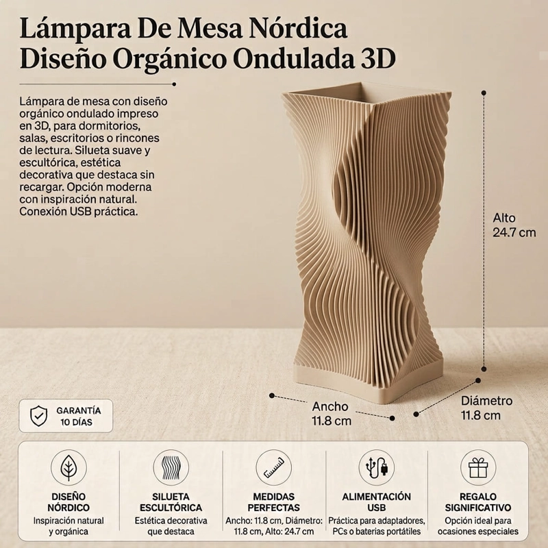 LAMPARA DE MESA NORDICA DISEÑO ORGANICO ONDULADA 3D BEIGE - 3
