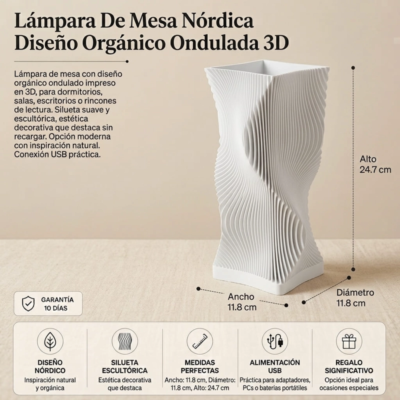 LAMPARA DE MESA NORDICA DISEÑO ORGANICO ONDULADA 3D BLANCO - 3