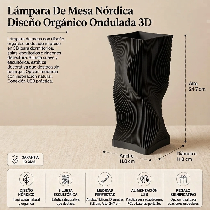 LAMPARA DE MESA NORDICA DISEÑO ORGANICO ONDULADA 3D NEGRO - 3