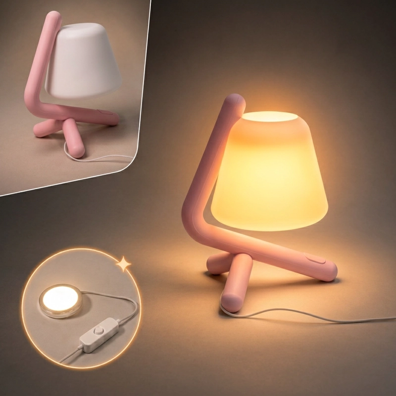 LAMPARA VELADOR DISEÑO TRIPODE CURVO MINIMALISTA LED ROSA - 1