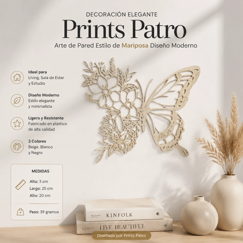 DECORACION ELEGANTE PRINTS PATRO - ARTE DE PARED ESTILO DE MARIPOSA BEIGE - 1