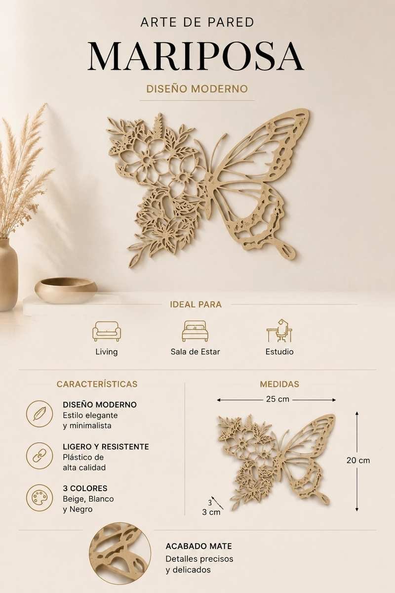 DECORACION ELEGANTE PRINTS PATRO - ARTE DE PARED ESTILO DE MARIPOSA BEIGE - 3