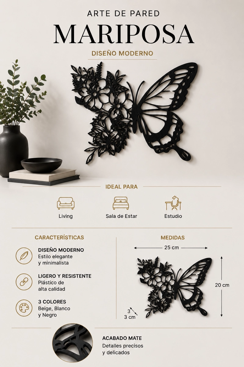 DECORACION ELEGANTE PRINTS PATRO - ARTE DE PARED ESTILO DE MARIPOSA NEGRO - 3