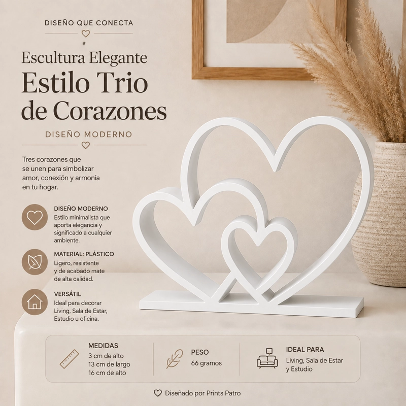 ESCULTURA ELEGANTE PRINTS PATRO - ESTILO TRIO DE CORAZONES BLANCO - 1