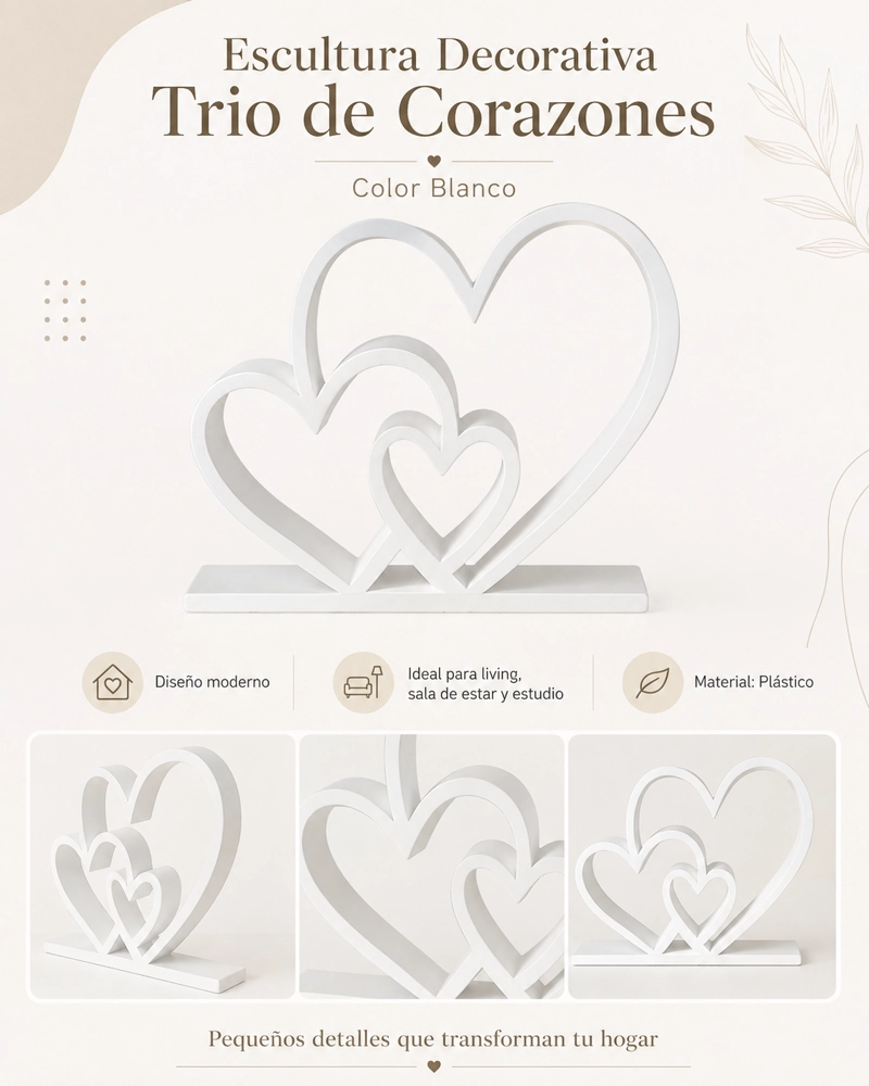 ESCULTURA ELEGANTE PRINTS PATRO - ESTILO TRIO DE CORAZONES BLANCO - 3