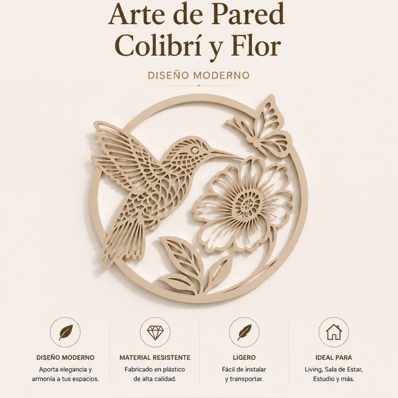 DECORACION ELEGANTE PRINTS PATRO - ARTE DE PARED ESTILO DE COLIBRI Y FLOR BEIGE - 3