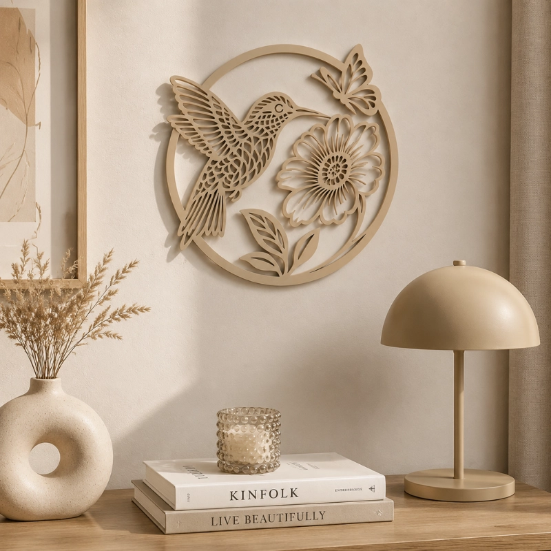 DECORACION ELEGANTE PRINTS PATRO - ARTE DE PARED ESTILO DE COLIBRI Y FLOR BEIGE - 4