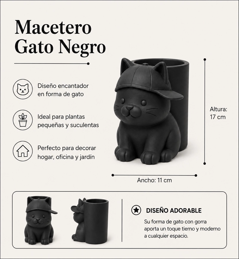 MACETERO DECORATIVO HOGAR- MICHI GORRA 17 CM NEGRO - 2