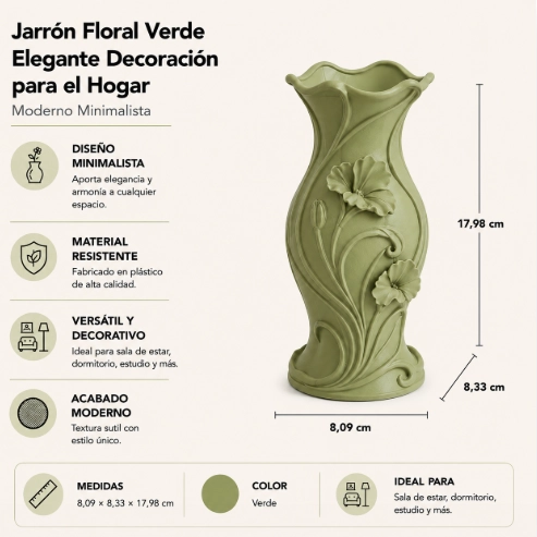 JARRON FLORAL VERDE ELEGANTE DECORACION PARA EL HOGAR - 2