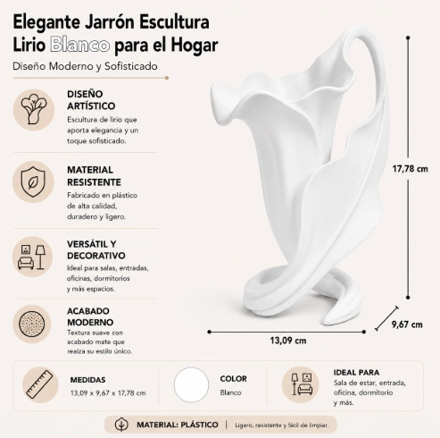 ELEGANTE JARRON ESCULTURA LIRIO BLANCO PARA EL HOGAR - 2