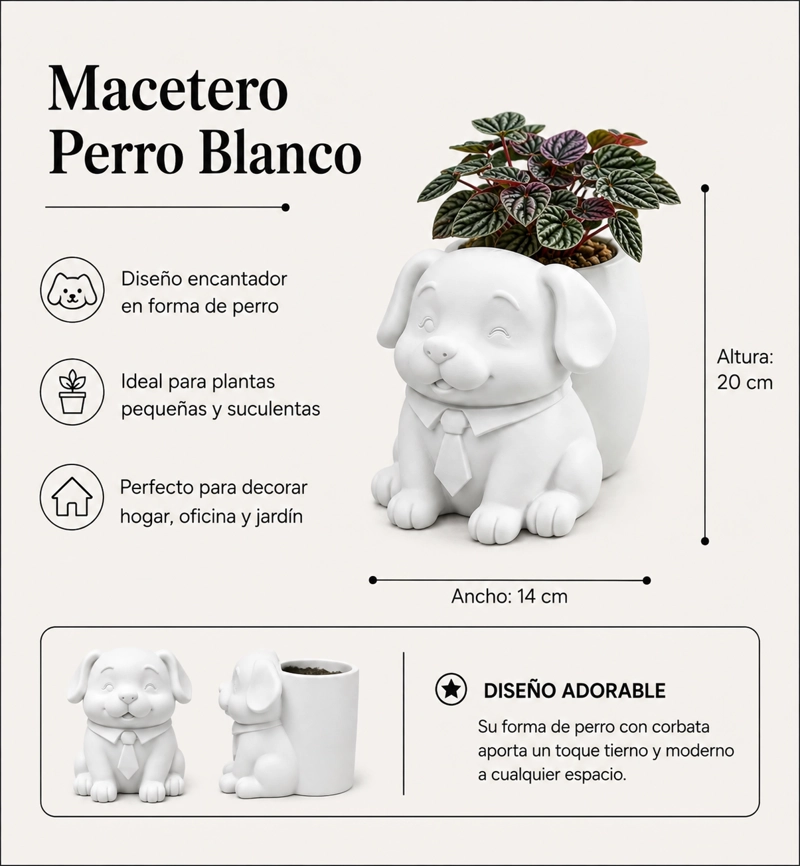 MACETERO DECORATIVO HOGAR- PERRITO OFICINISTA 20 CM BLANCO - 2