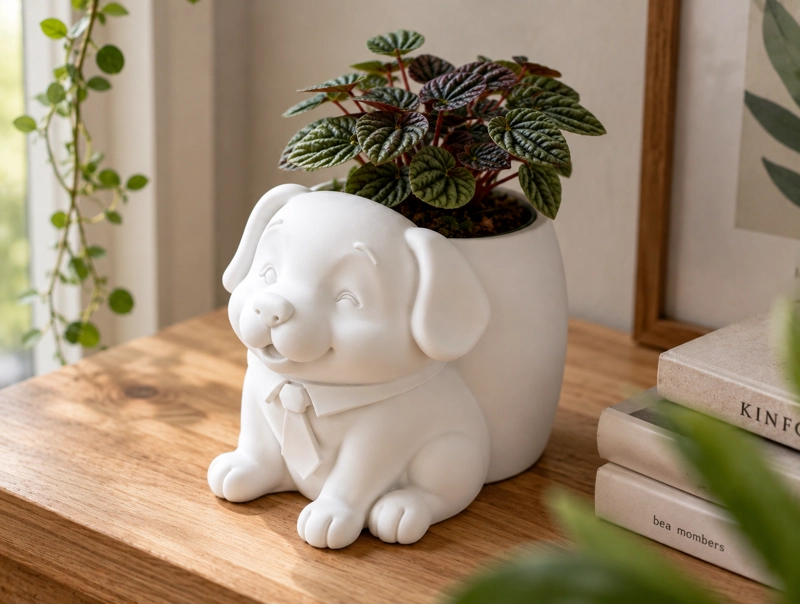 MACETERO DECORATIVO HOGAR- PERRITO OFICINISTA 20 CM BLANCO - 4