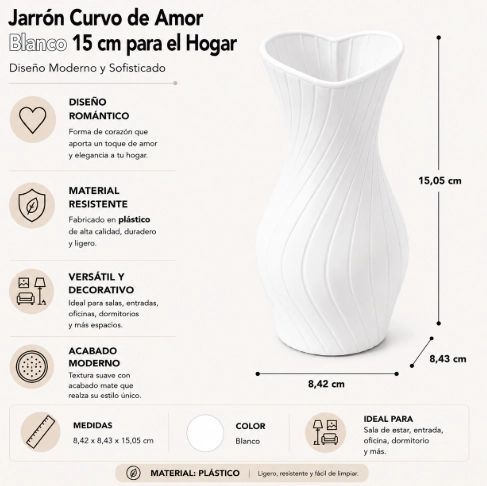 JARRON CURVO DE AMOR BEIGE 15 CM PARA EL HOGAR - 2