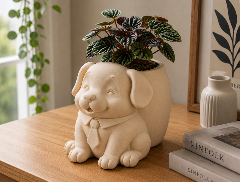 MACETERO DECORATIVO HOGAR- PERRITO OFICINISTA 20 CM BEIGE - 1
