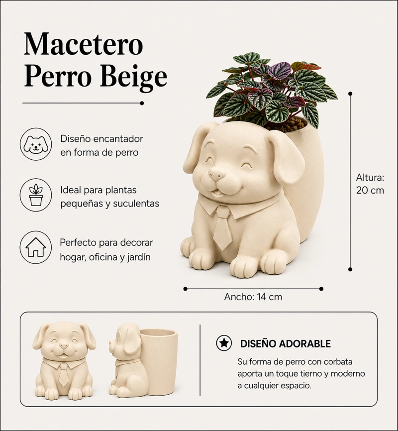 MACETERO DECORATIVO HOGAR- PERRITO OFICINISTA 20 CM BEIGE - 2