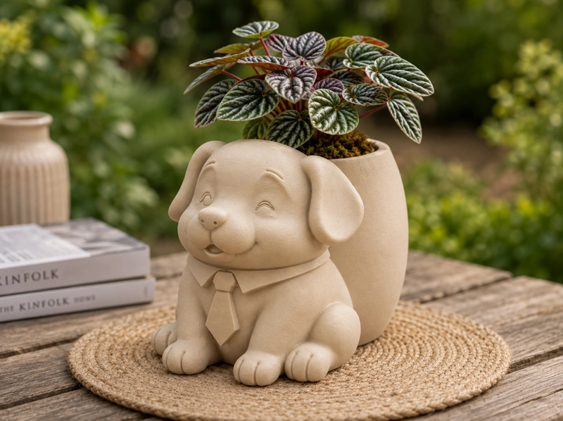MACETERO DECORATIVO HOGAR- PERRITO OFICINISTA 20 CM BEIGE - 3