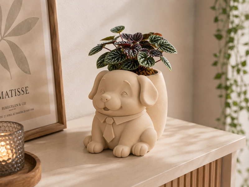 MACETERO DECORATIVO HOGAR- PERRITO OFICINISTA 20 CM BEIGE - 4