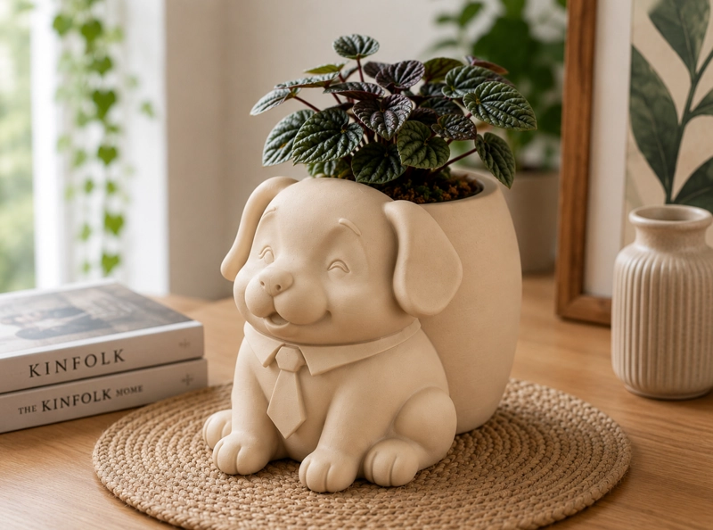 MACETERO DECORATIVO HOGAR- PERRITO OFICINISTA 20 CM BEIGE - 5
