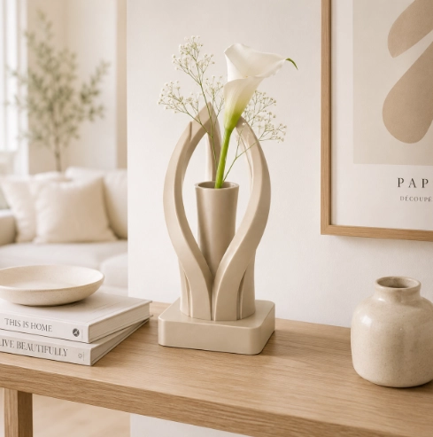 JARRON ESCULTORICO MODERNO BEIGE MINIMALISTA PARA EL HOGAR - 5
