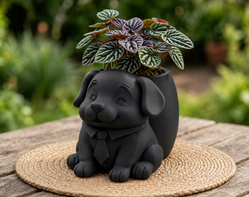 MACETERO DECORATIVO HOGAR- PERRITO OFICINISTA 20 CM NEGRO - 1