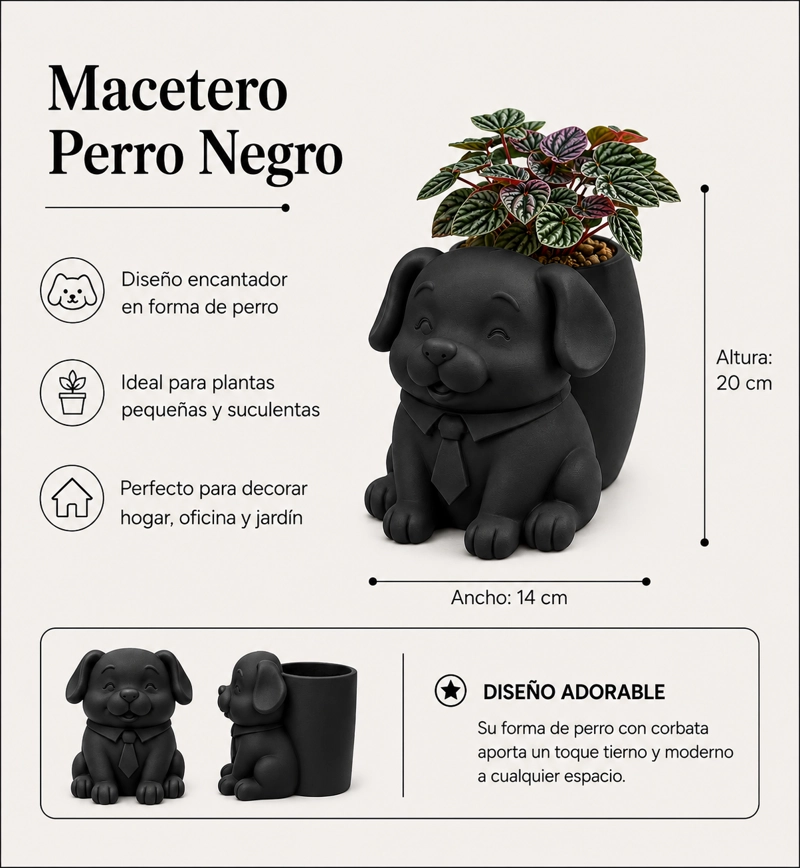 MACETERO DECORATIVO HOGAR- PERRITO OFICINISTA 20 CM NEGRO - 2