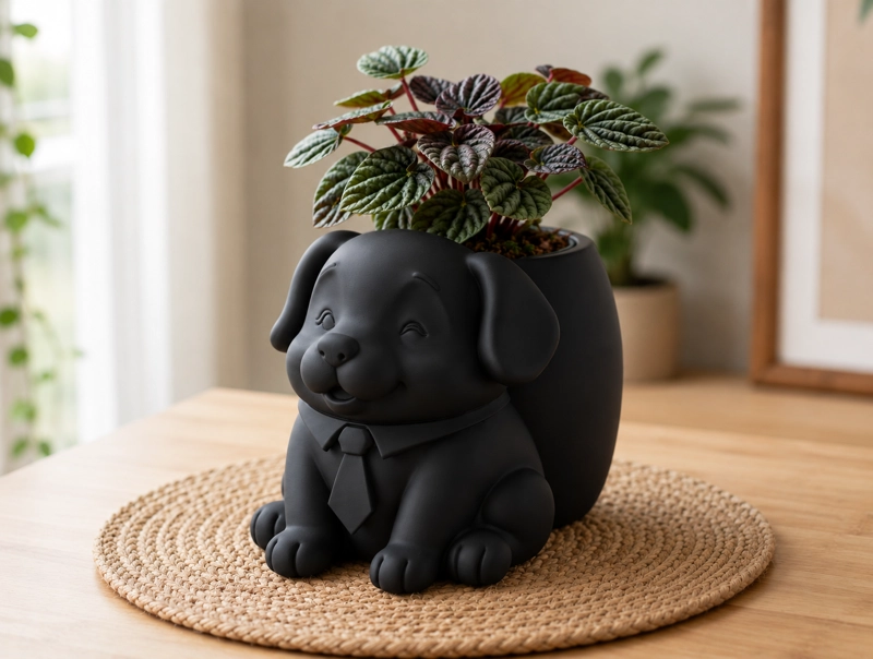 MACETERO DECORATIVO HOGAR- PERRITO OFICINISTA 20 CM NEGRO - 3