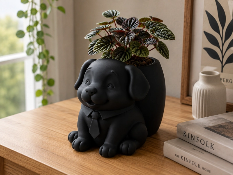 MACETERO DECORATIVO HOGAR- PERRITO OFICINISTA 20 CM NEGRO - 4