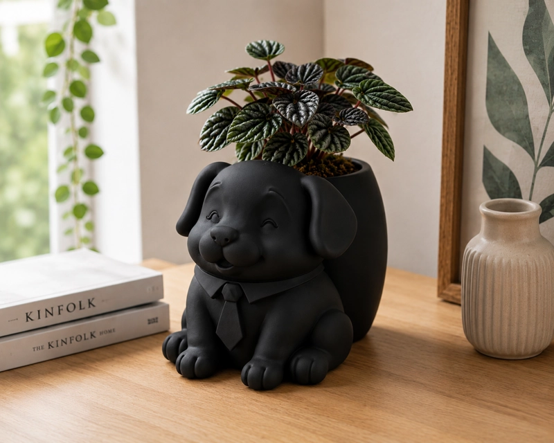 MACETERO DECORATIVO HOGAR- PERRITO OFICINISTA 20 CM NEGRO - 5