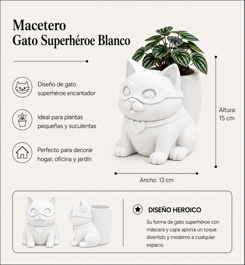 MACETERO DECORATIVO HOGAR- GATITO HE ROE 15 CM BLANCO - 2