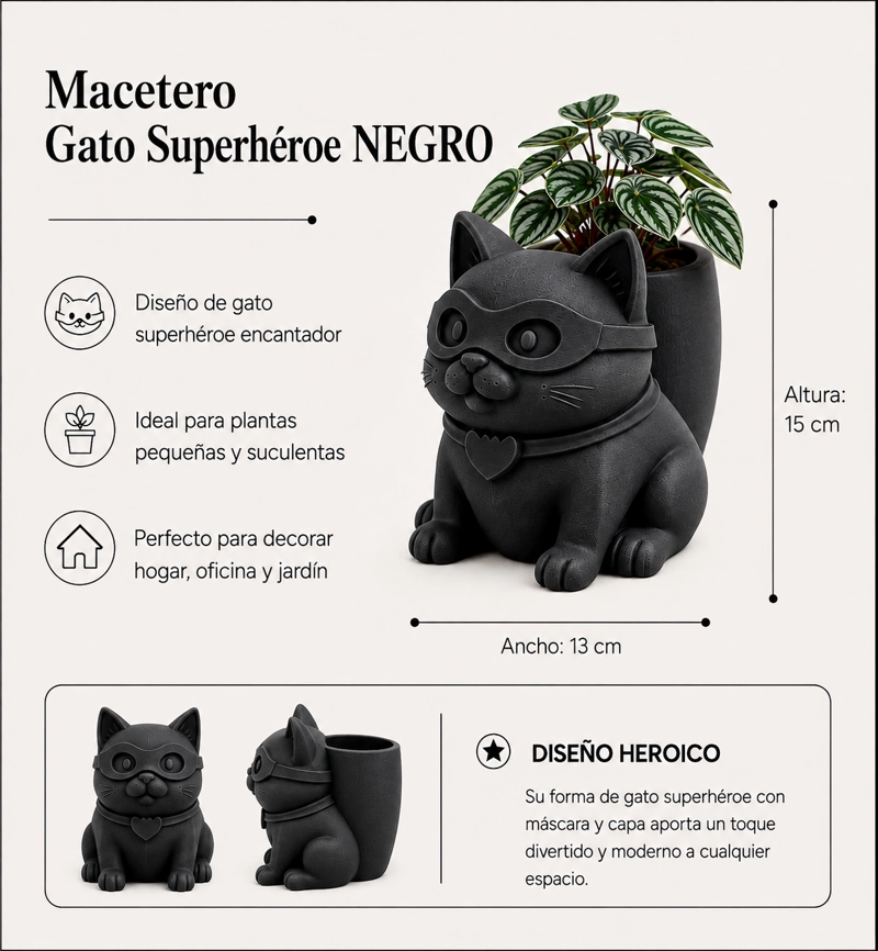 MACETERO DECORATIVO HOGAR- GATITO HE ROE 15 CM NEGRO - 2