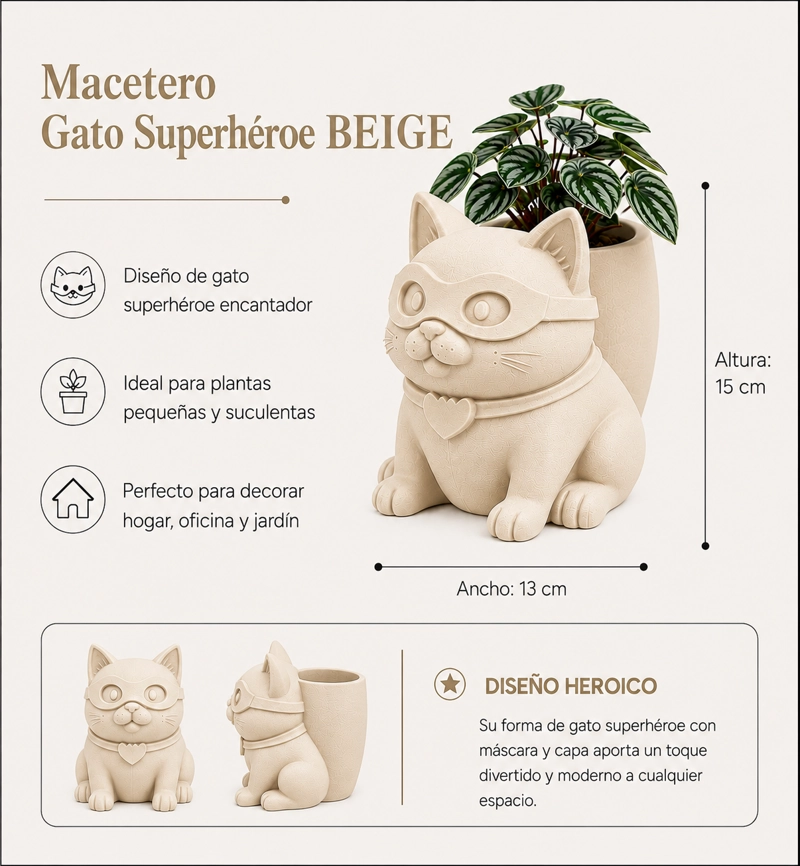 MACETERO DECORATIVO HOGAR- GATITO HE ROE 15 CM BEIGE - 2