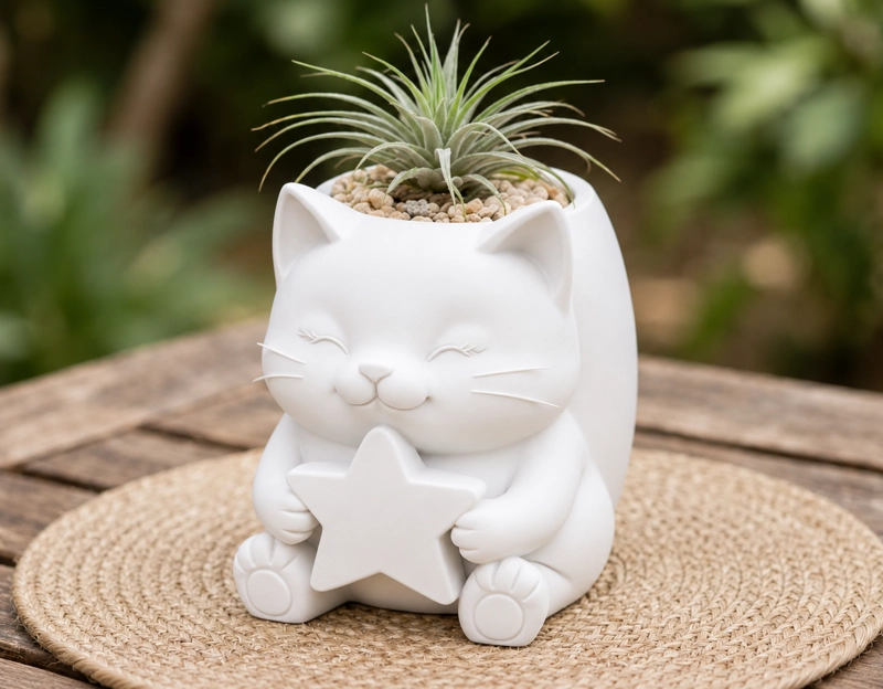 MACETERO DECORATIVO HOGAR- GATITO ESTRELLA 15 CM BLANCO - 1