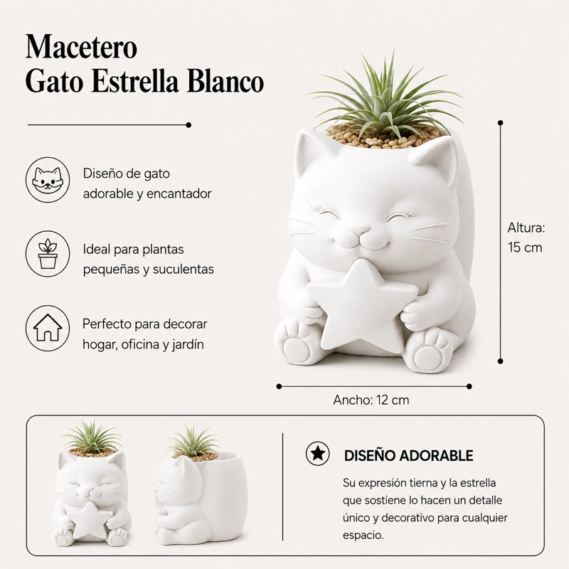 MACETERO DECORATIVO HOGAR- GATITO ESTRELLA 15 CM BLANCO - 2