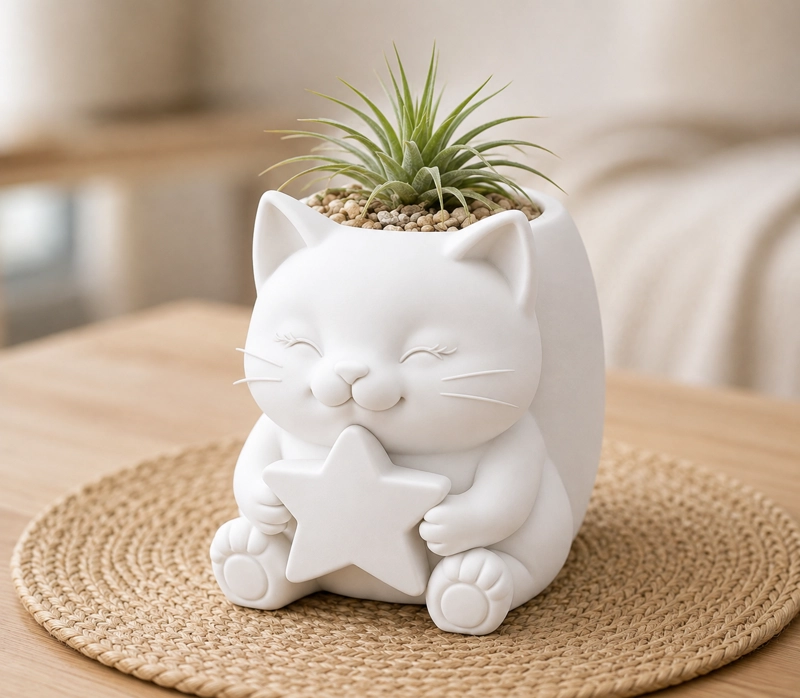 MACETERO DECORATIVO HOGAR- GATITO ESTRELLA 15 CM BLANCO - 3