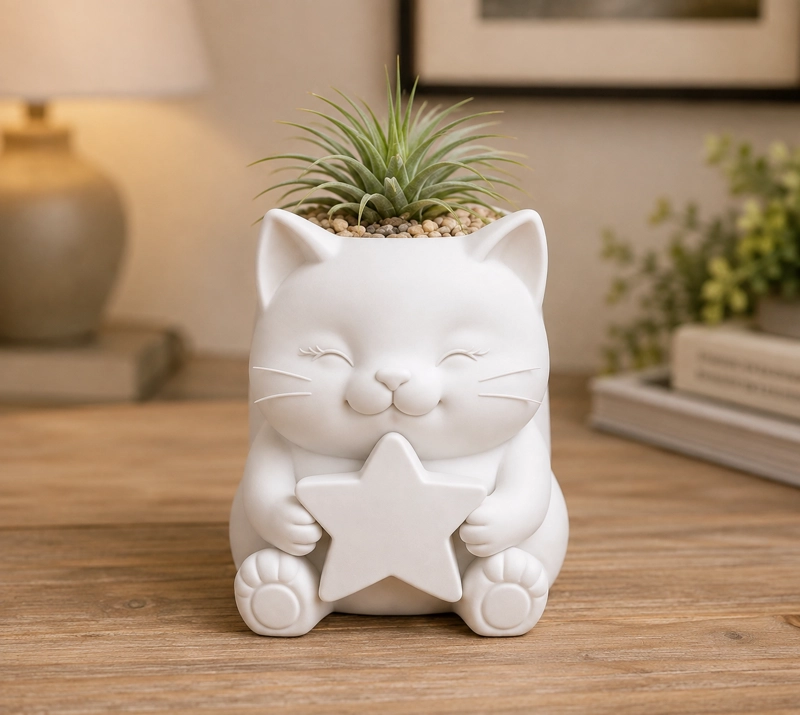 MACETERO DECORATIVO HOGAR- GATITO ESTRELLA 15 CM BLANCO - 4
