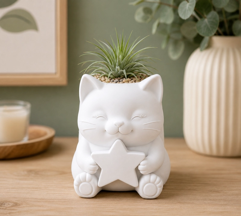 MACETERO DECORATIVO HOGAR- GATITO ESTRELLA 15 CM BLANCO - 5