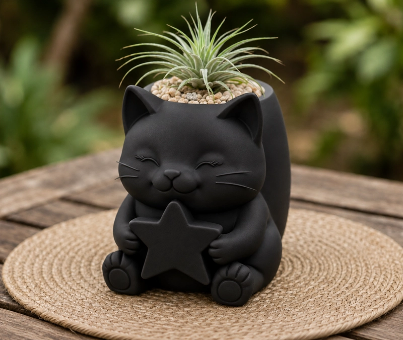 MACETERO DECORATIVO HOGAR- GATITO ESTRELLA 15 CM NEGRO - 1