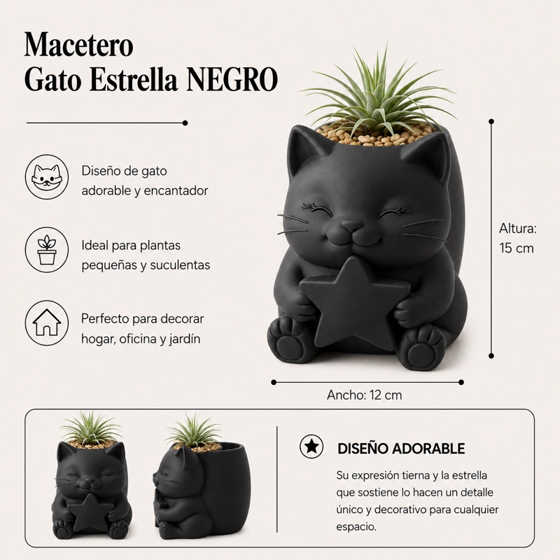 MACETERO DECORATIVO HOGAR- GATITO ESTRELLA 15 CM NEGRO - 2
