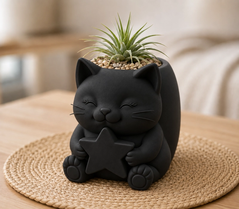 MACETERO DECORATIVO HOGAR- GATITO ESTRELLA 15 CM NEGRO - 3