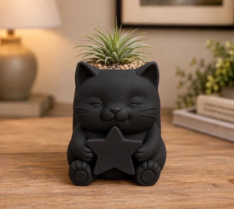 MACETERO DECORATIVO HOGAR- GATITO ESTRELLA 15 CM NEGRO - 4
