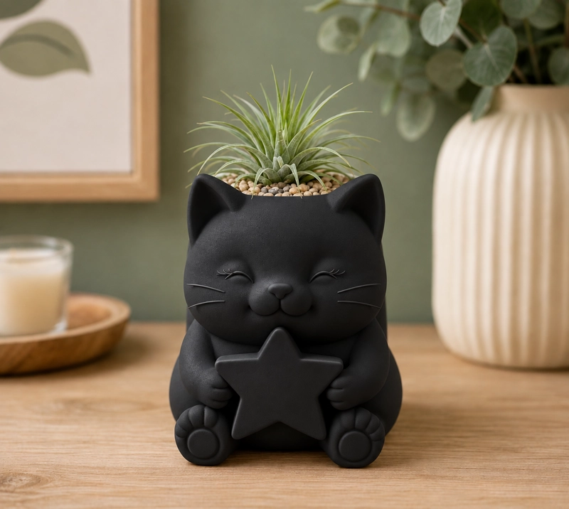 MACETERO DECORATIVO HOGAR- GATITO ESTRELLA 15 CM NEGRO - 5
