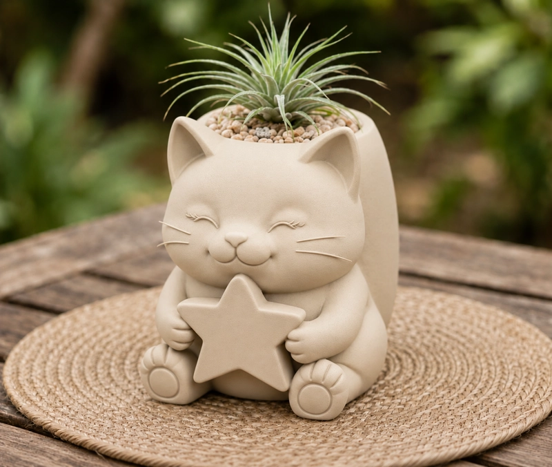 MACETERO DECORATIVO HOGAR- GATITO ESTRELLA 15 CM BEIGE - 1