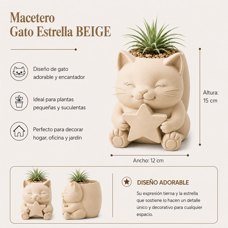 MACETERO DECORATIVO HOGAR- GATITO ESTRELLA 15 CM BEIGE - 2