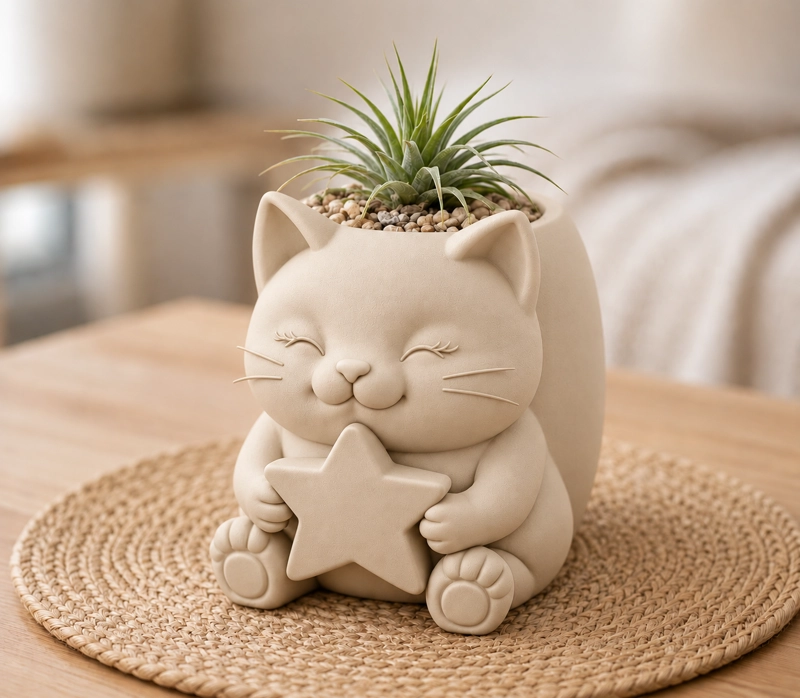 MACETERO DECORATIVO HOGAR- GATITO ESTRELLA 15 CM BEIGE - 3