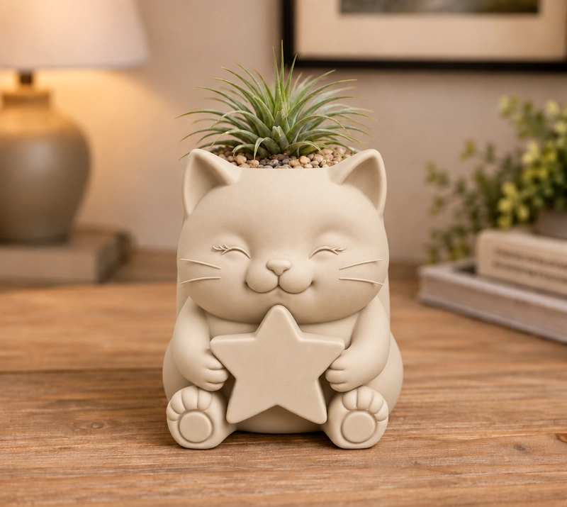 MACETERO DECORATIVO HOGAR- GATITO ESTRELLA 15 CM BEIGE - 4